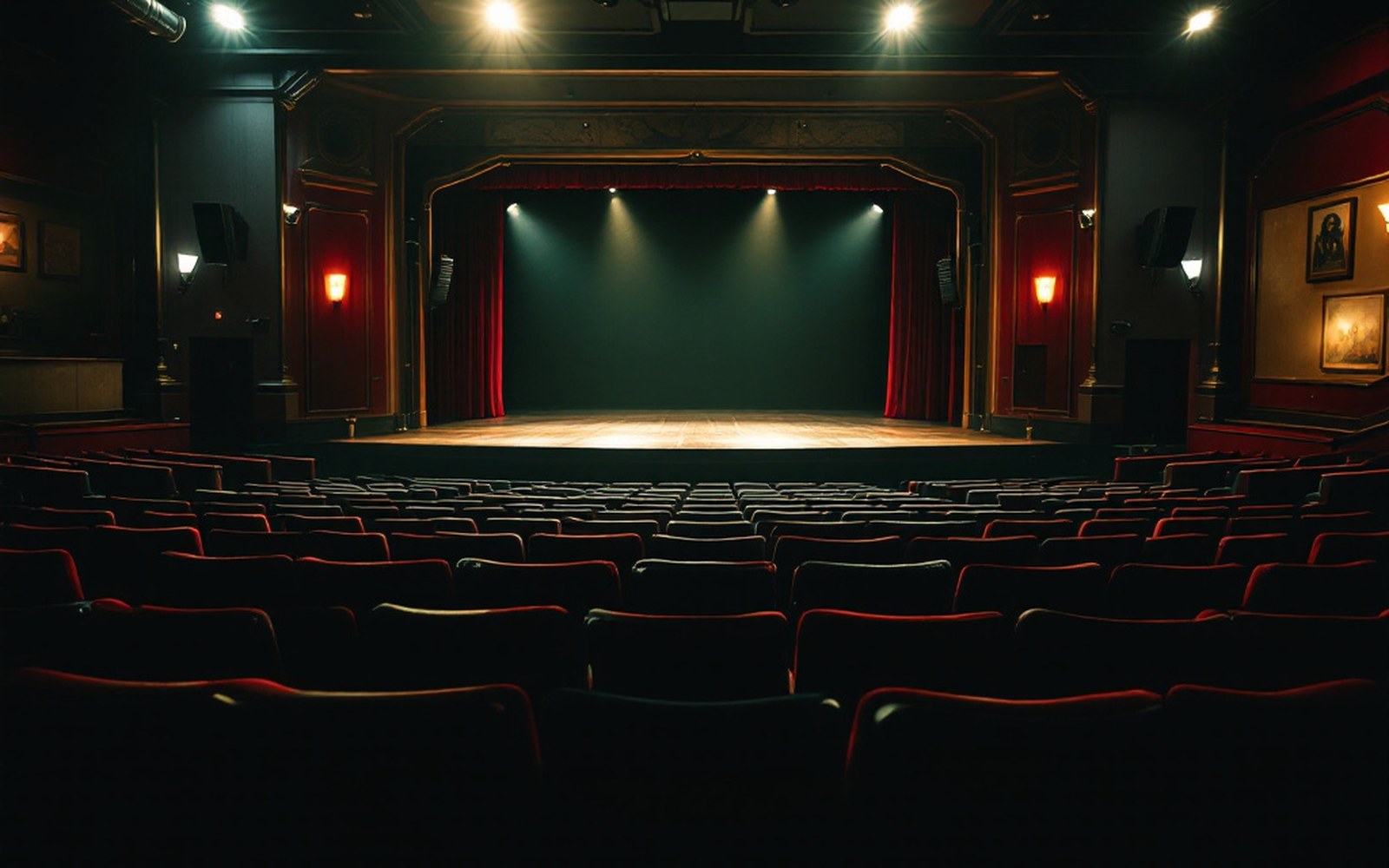 The view from a back row of a small old auditorium, looking down over rows of empty upholstered seats toward a low lit stage; house lights dim, no curtain visible
