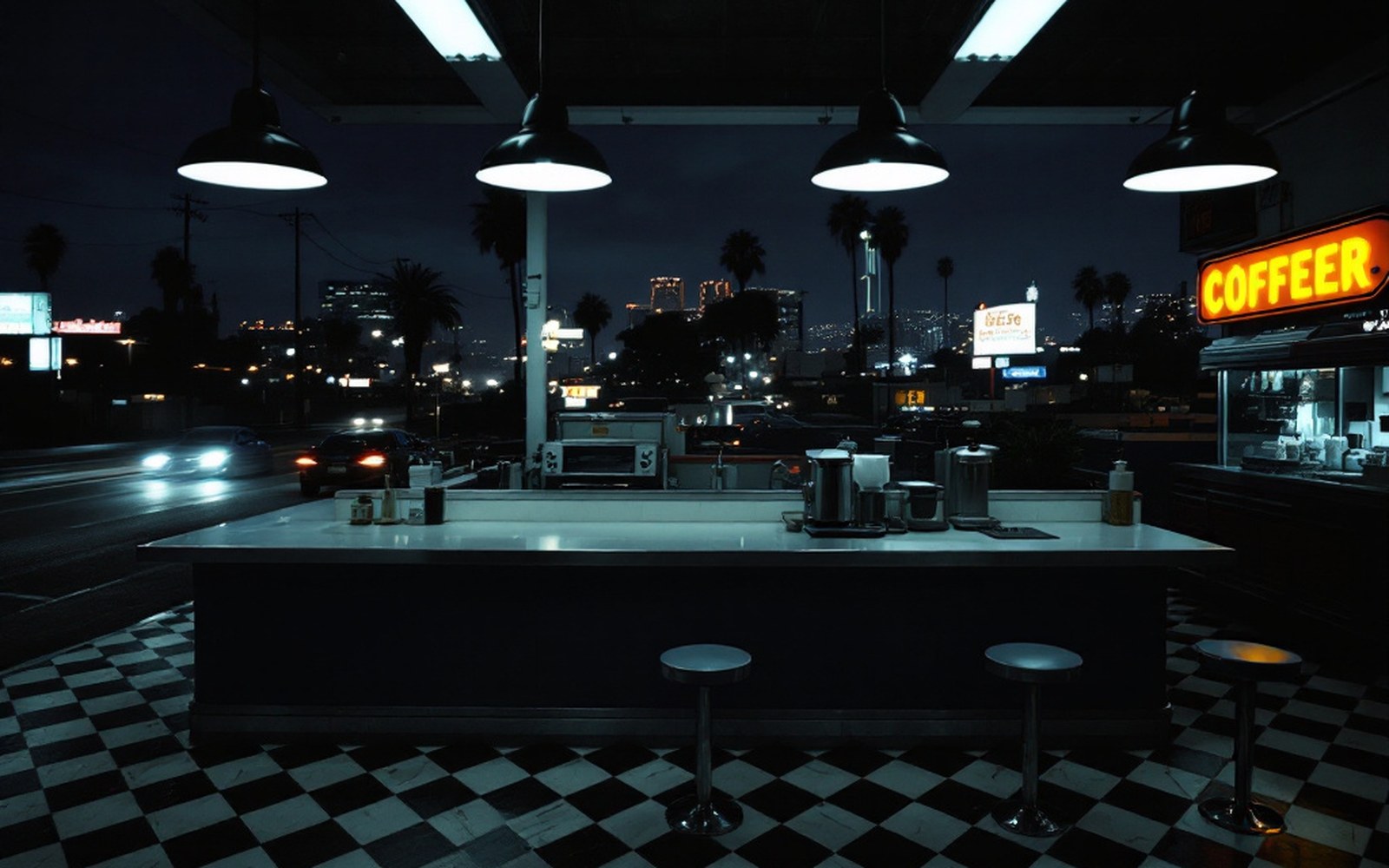 A diner counter at night under fluorescent tubes, stools empty, a coffee pot on the warmer