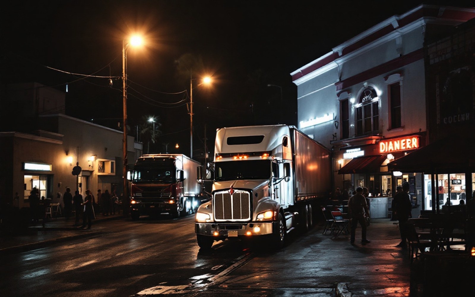 A studio backlot street with production trucks parked, adults working