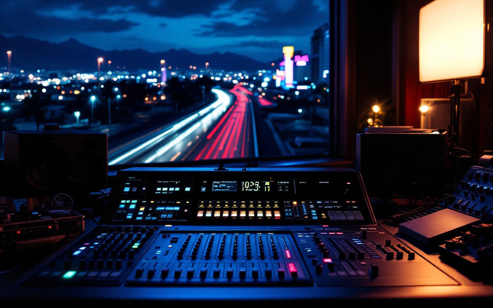A recording studio control desk with faders lit low