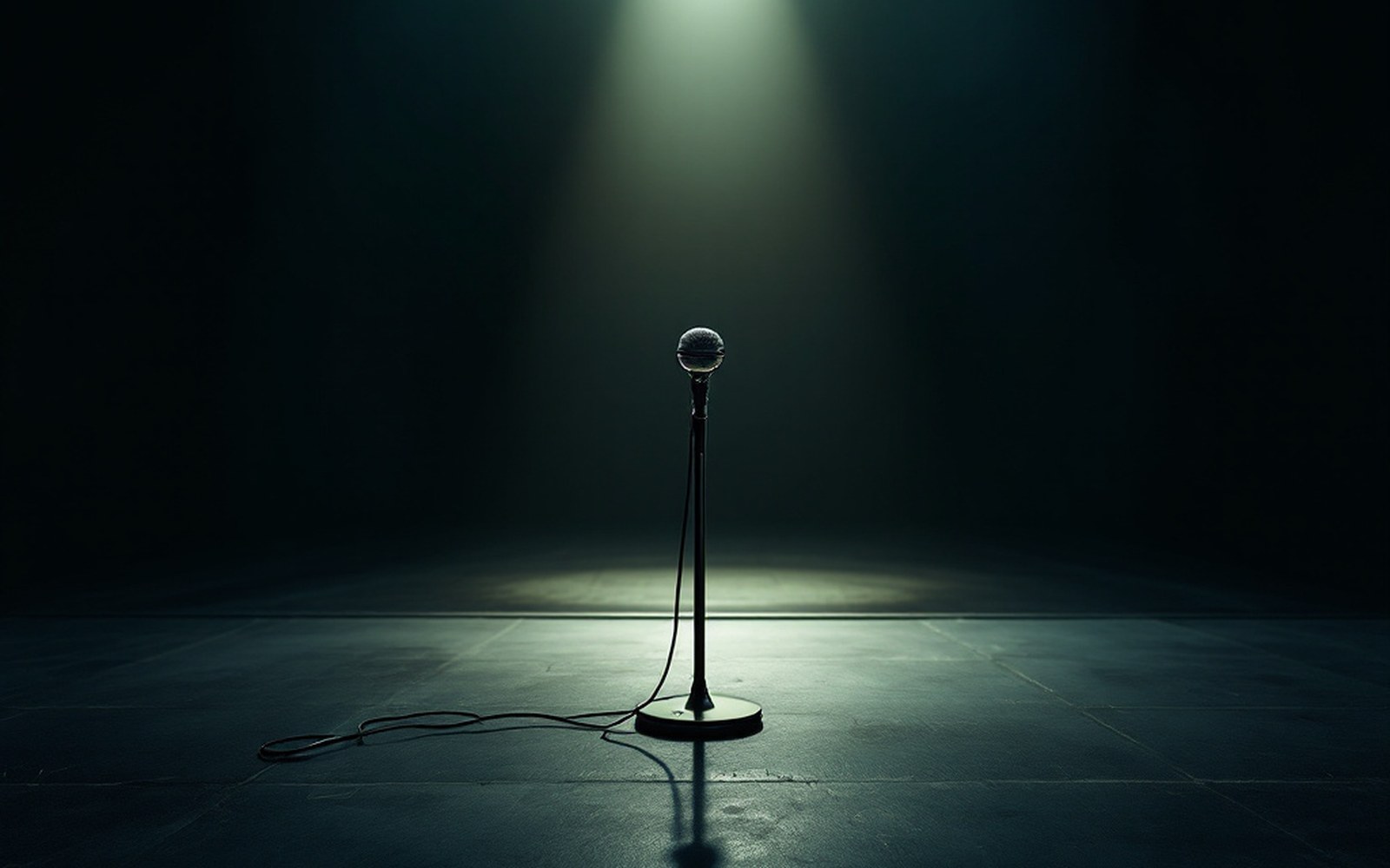 A single upright microphone alone on a bare stage lip, the boards scuffed, deep unlit space behind it; light falls from one side