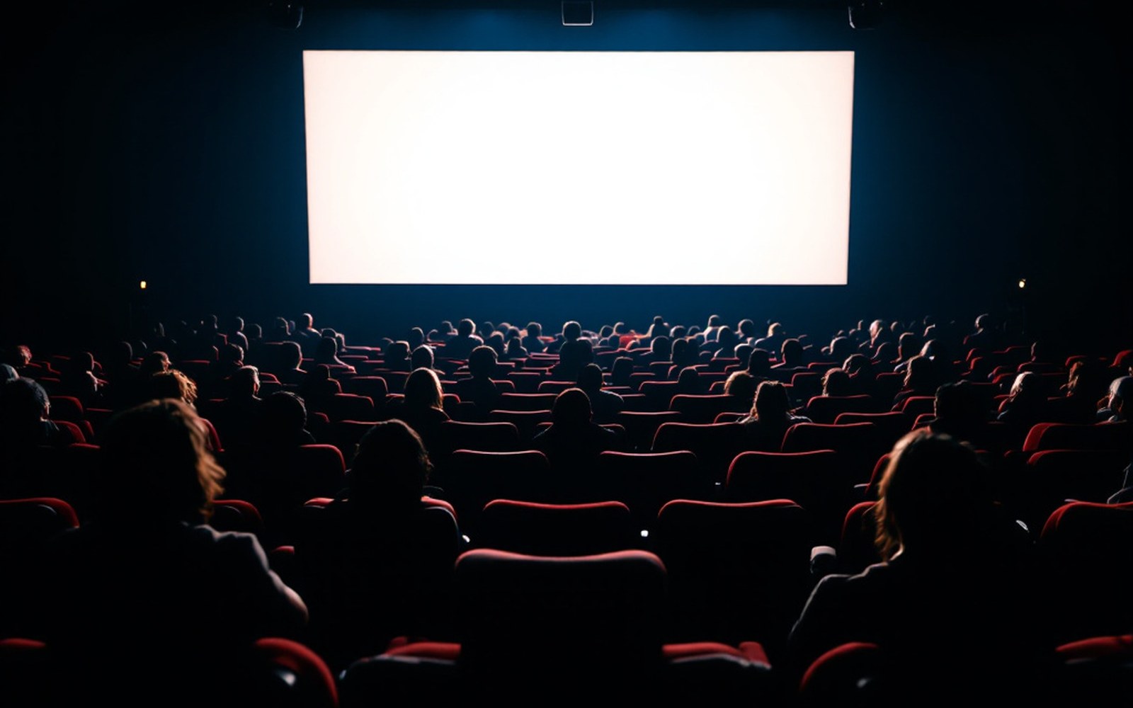 A cinema seat row seen from behind, screen light on faces